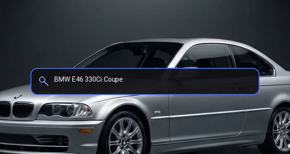 E46BUILD configurator loop: a silver BMW E46 coupé while the search bar types the car and compatible parts appear