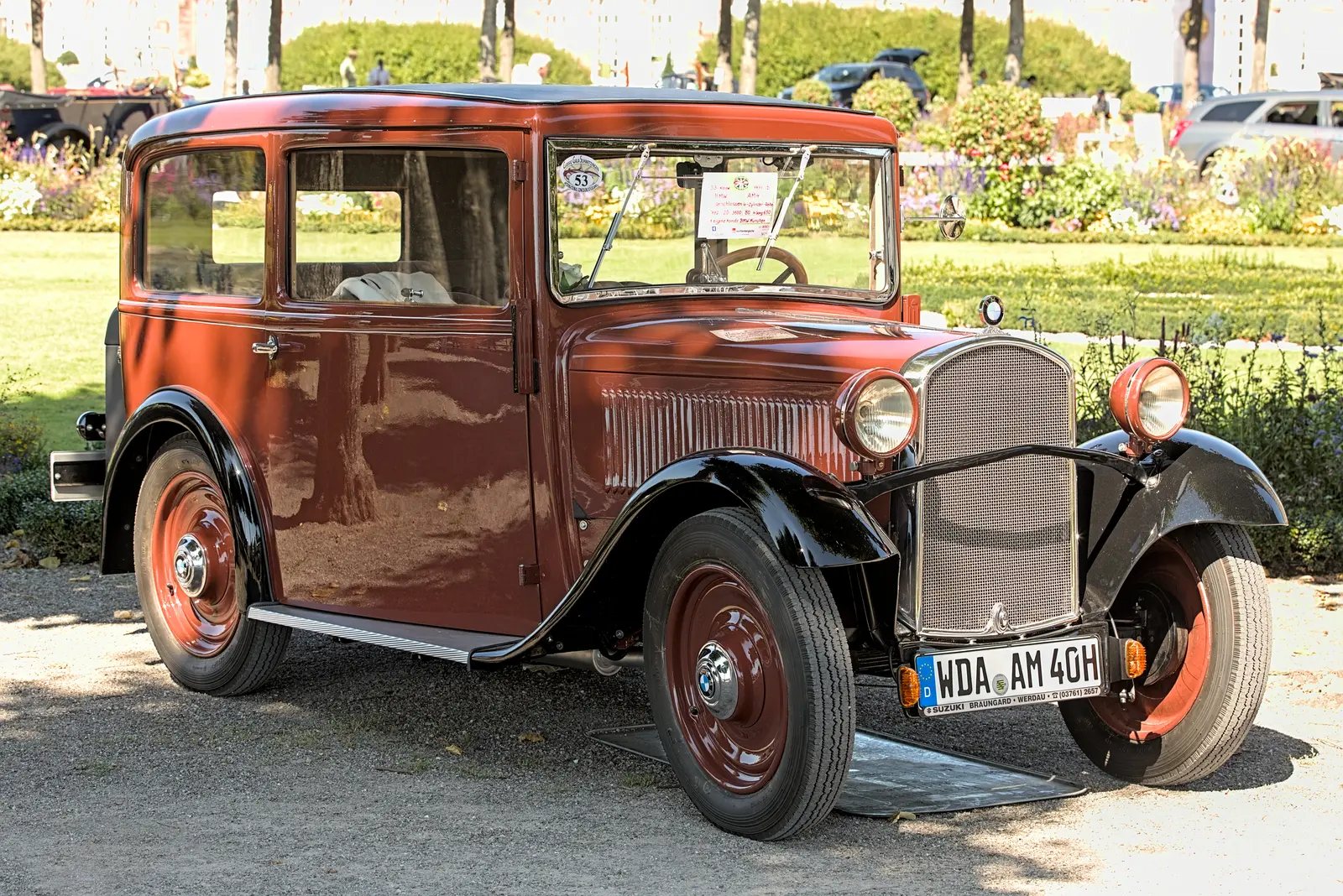 A dark red BMW 3/20 (AM 4) from 1933, photographed at a classic-car show