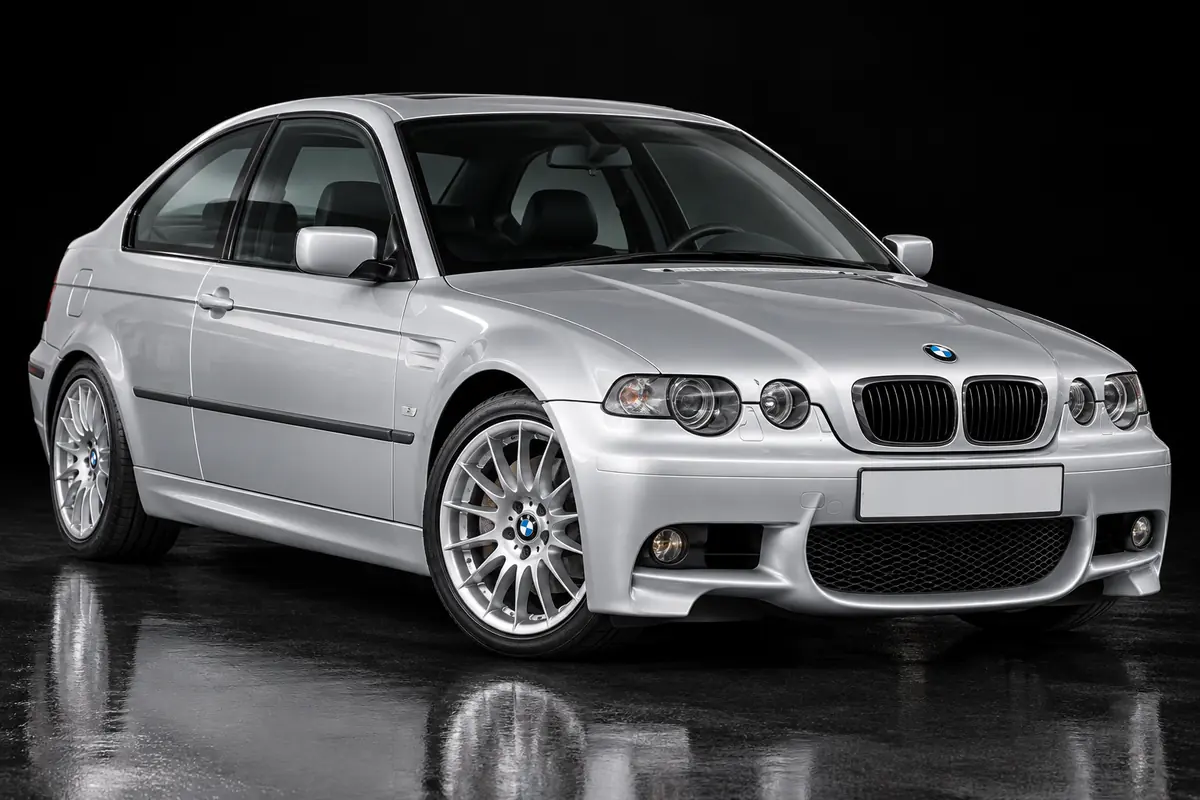 KI-Illustration eines silbernen E46 Compact, schräg von vorn, mit einem M-Paket-Frontstoßfänger mit großen Lufteinlässen