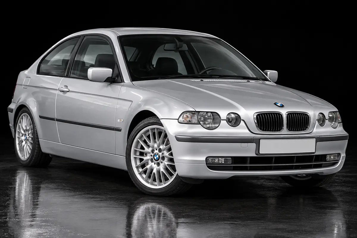 KI-Illustration eines silbernen E46 Compact, schräg von vorn, mit dem Serien-Frontstoßfänger